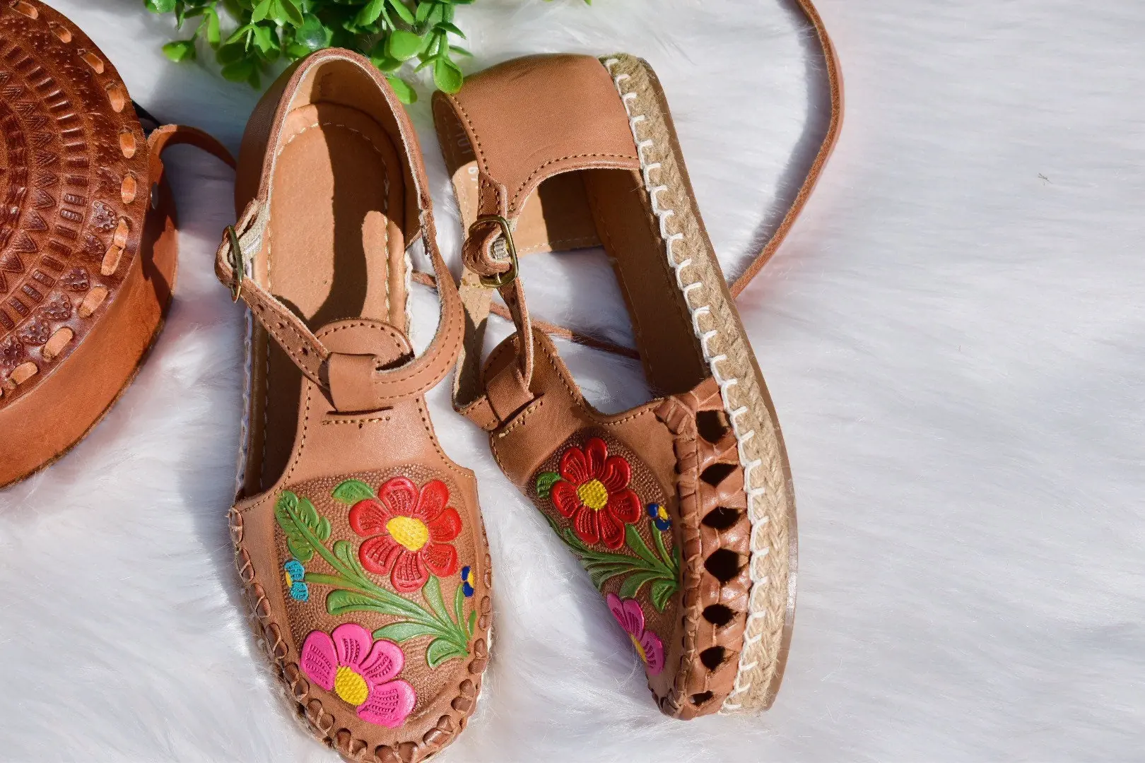 Floral Handpainted Tooled Huarache Shoe Mexican Style Boho