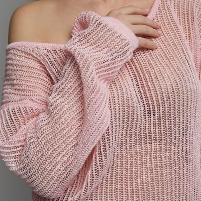 Soft Glossy Sweater Translucent Top Cold Shoulder Long