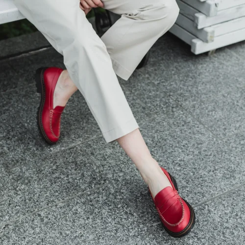 Red Penny Loafer Women Shoes, Flat Red Leather Loafers