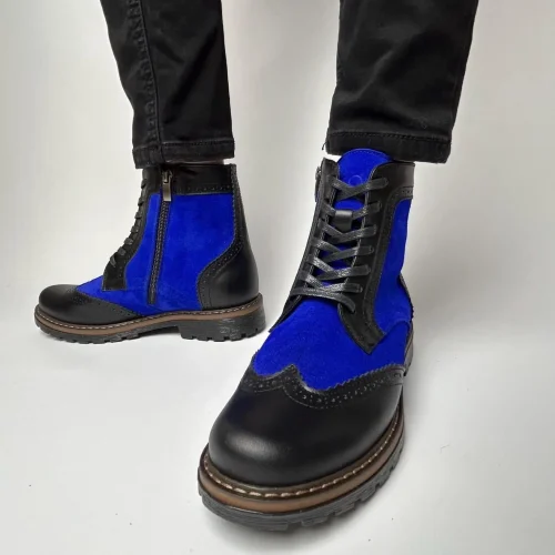 Black Leather & Cobalt Suede Brogue Boots