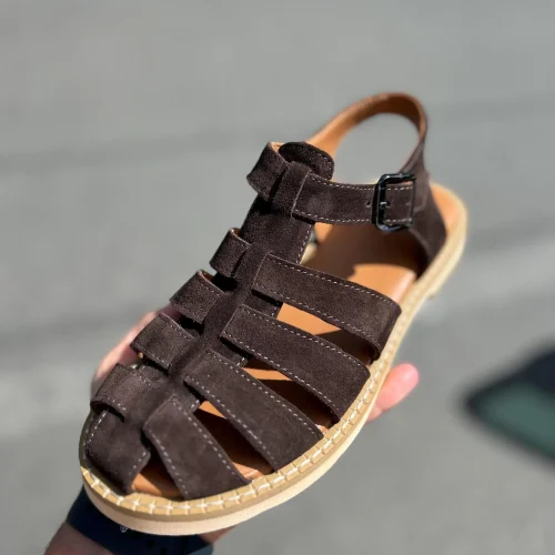 Women's Brown Suede Fisherman Sandals: Closed Toe Leather Straps
